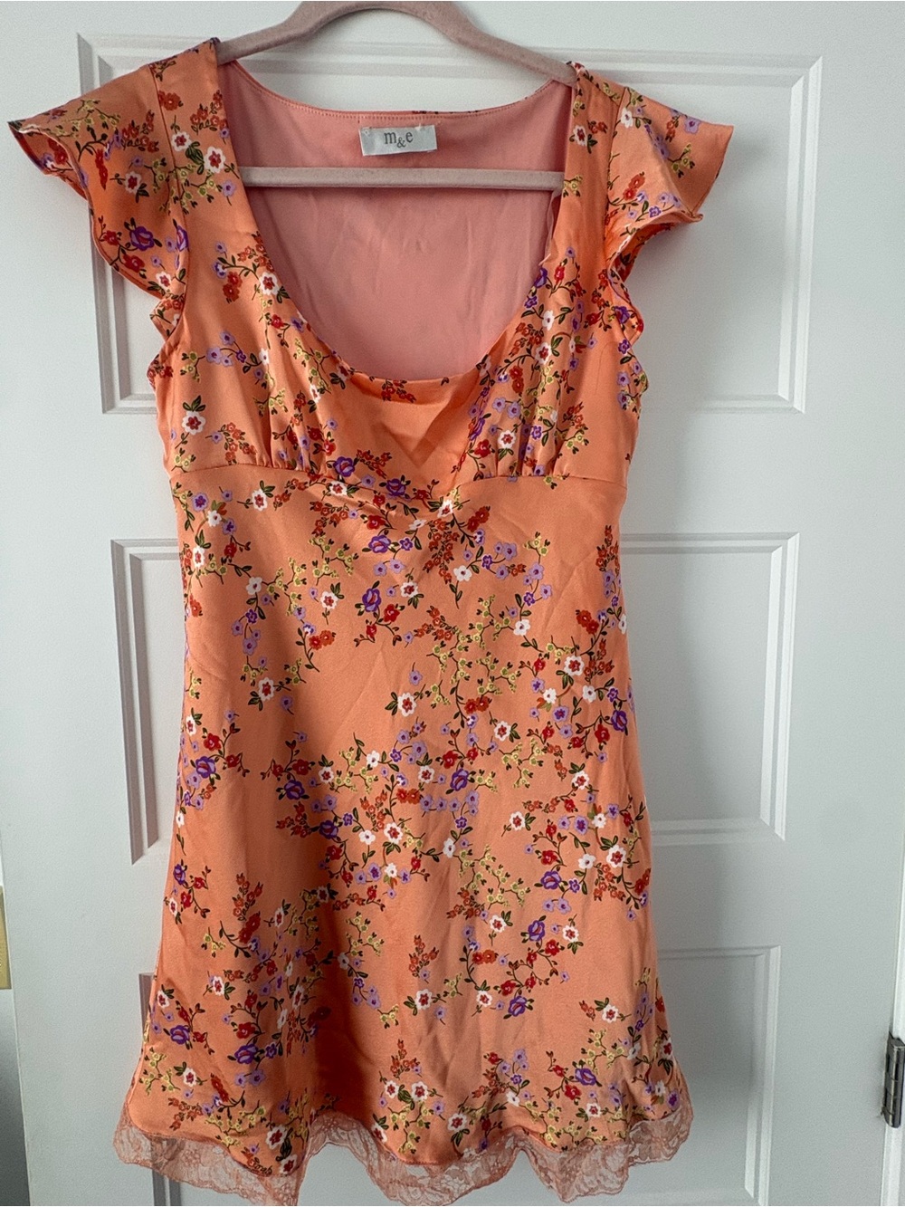 Peach Floral Ruffle-Sleeve Tunic Dress